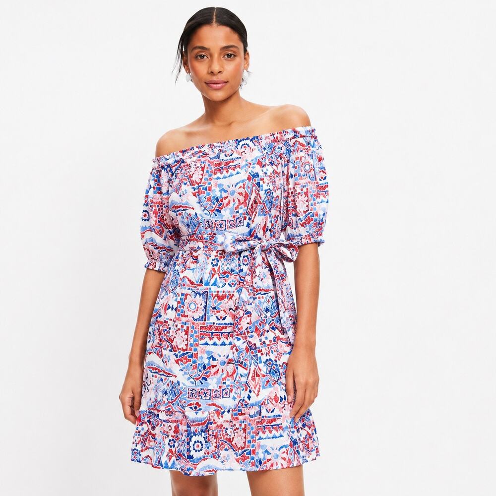 LOFT Tall Scribble Ruffle Off Shoulder Mini Dress SP Red Blue Floral Tie Waist
